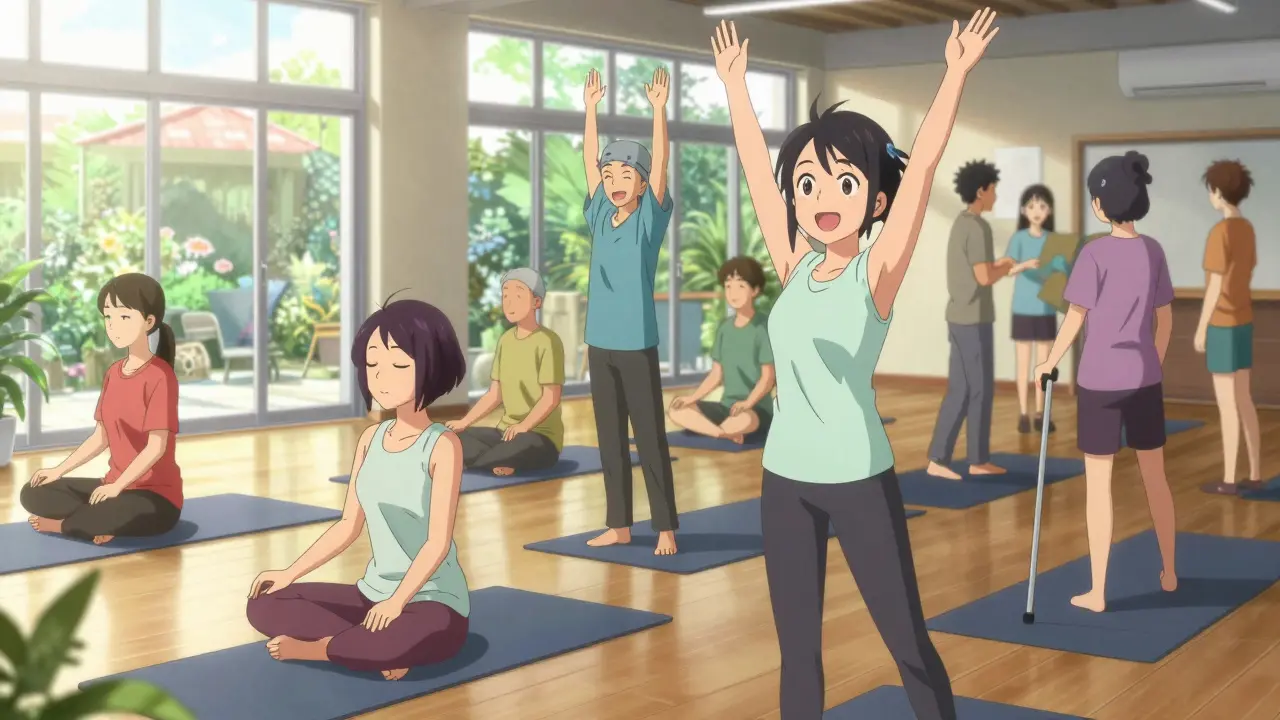 Anime survivors doing gentle yoga and meditation in a sunny community center garden.