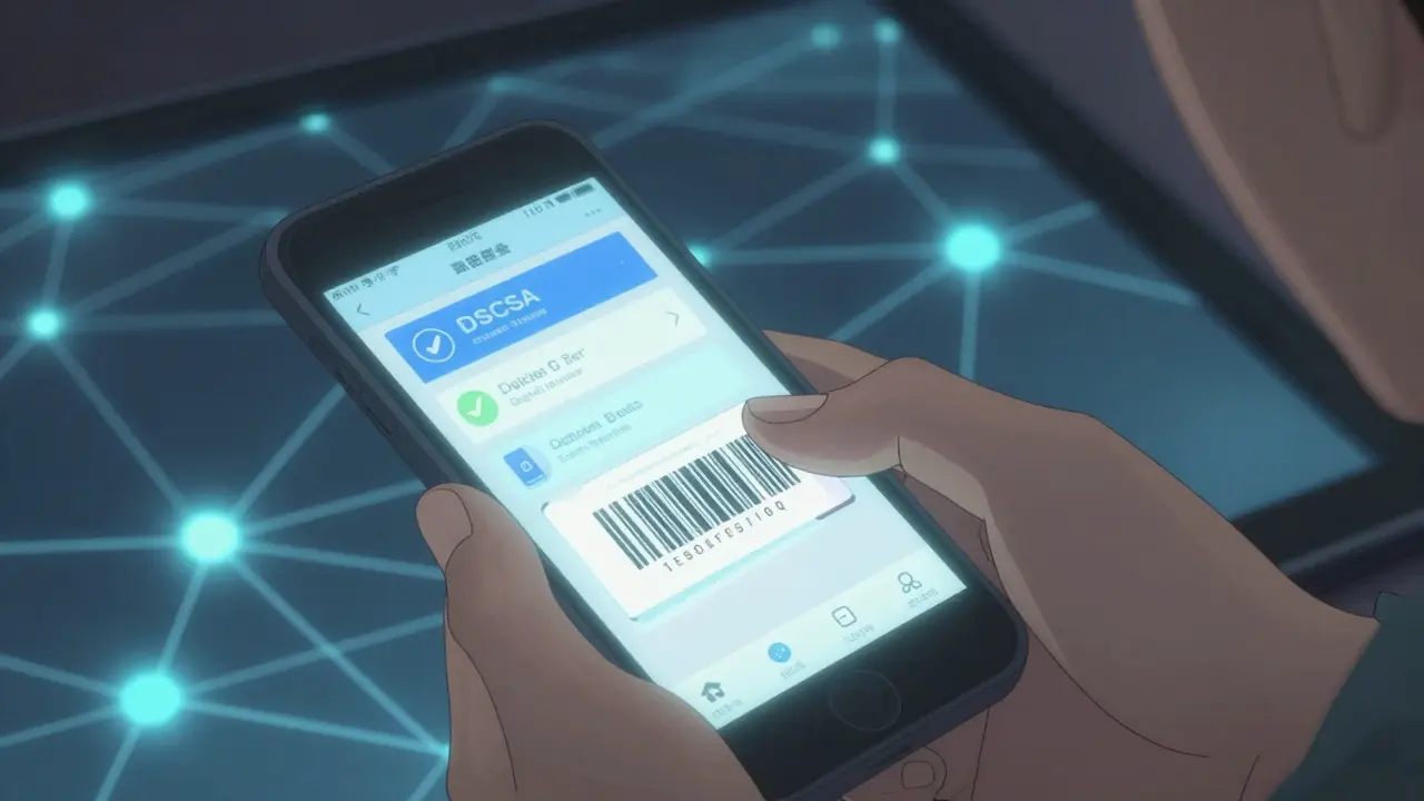 Close-up of hand scanning drug barcode with digital verification glow
