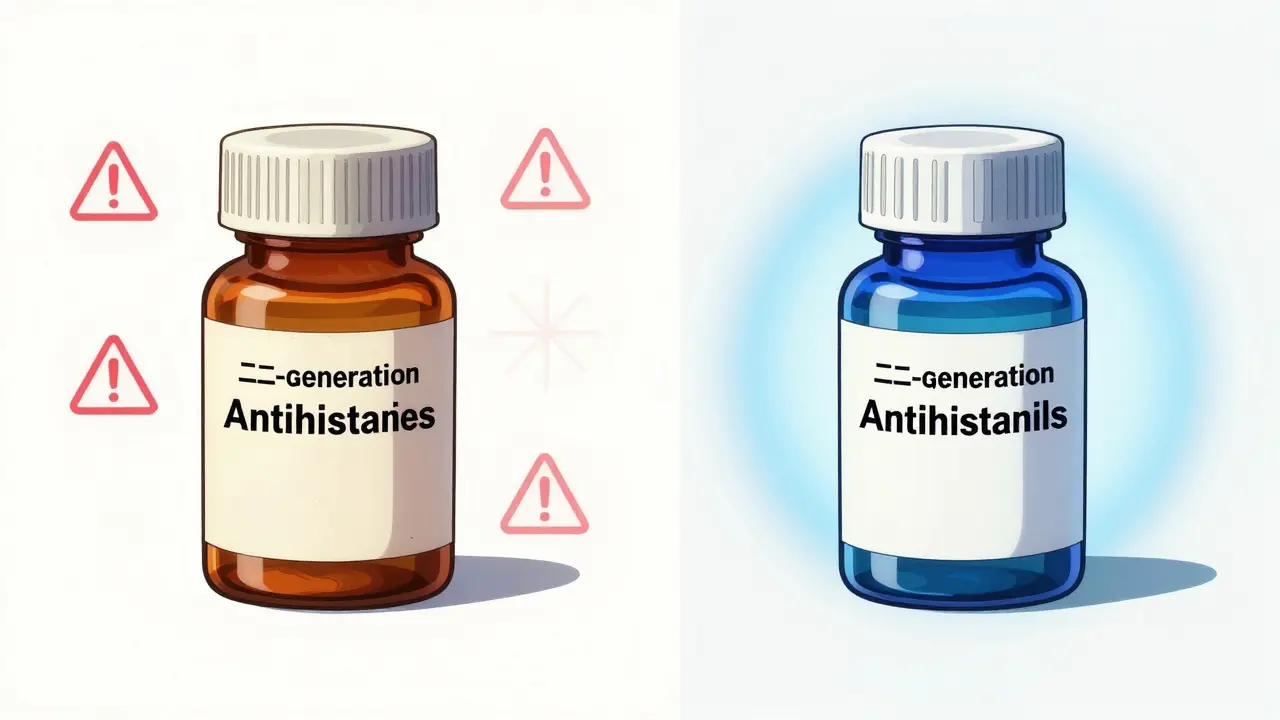 Comparison of old vs new allergy pills showing side effect risks in anime style