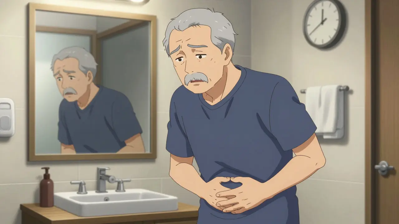 Elderly anime man experiencing urinary retention anxiety in a bathroom