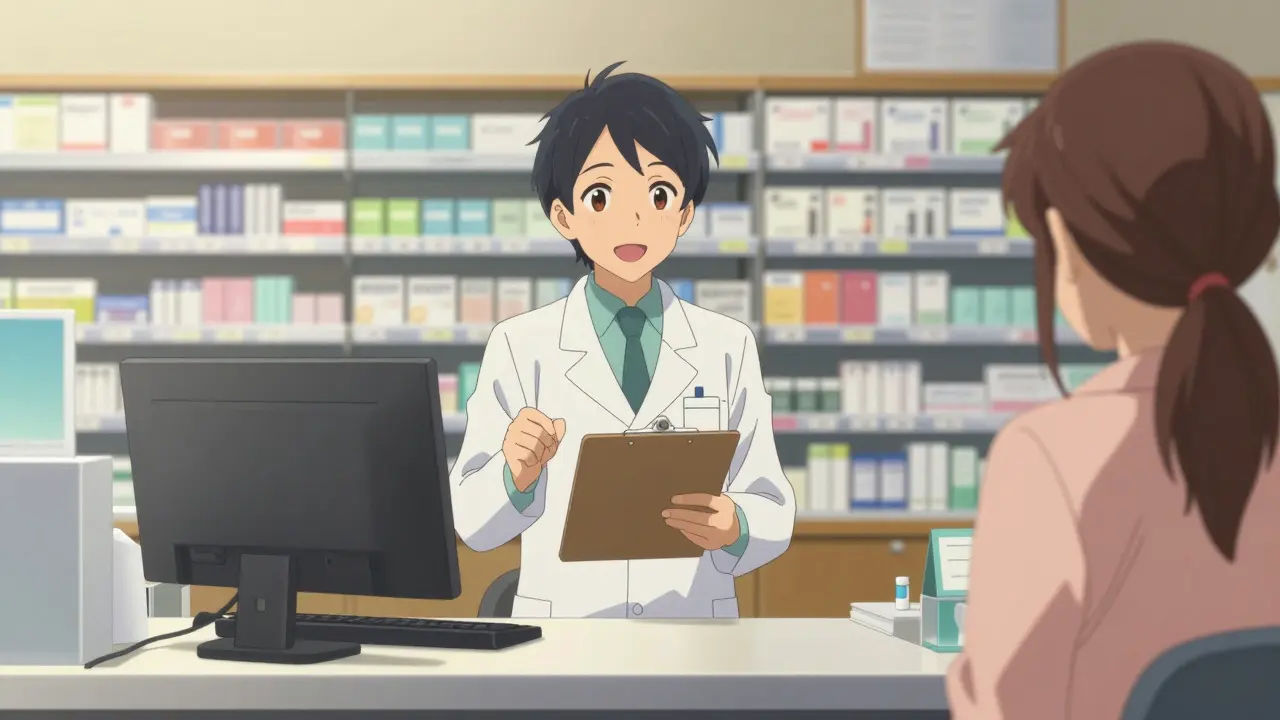 Friendly pharmacist assisting a customer at a safe pharmacy counter