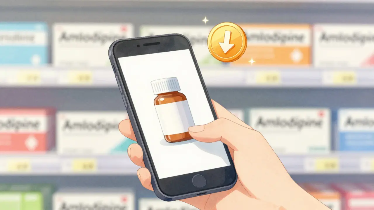 Hand holding phone showing cheap generic medication prices