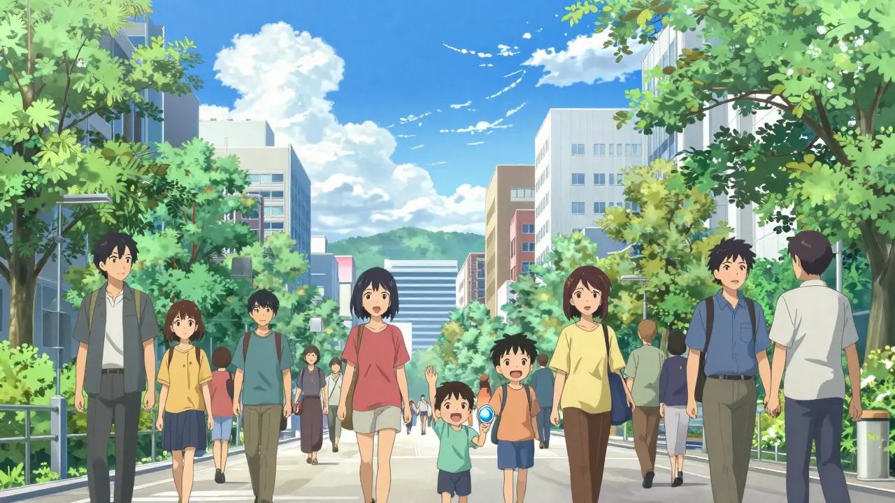 Happy family walking in a sunny city, symbolizing access to affordable generic medications