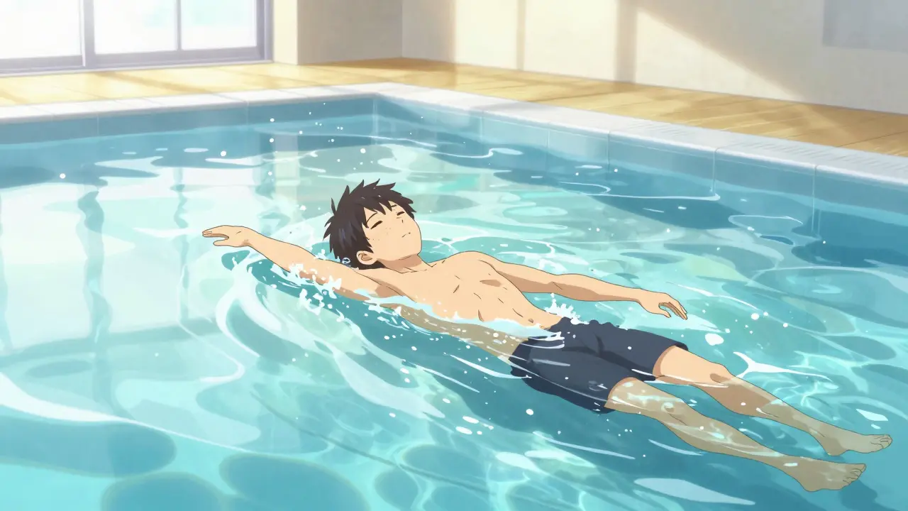 Person swimming peacefully in a sunlit indoor pool