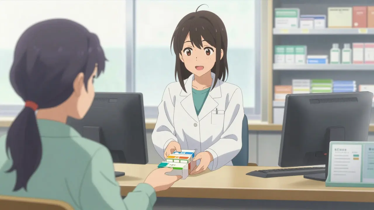 Pharmacist handing medicine package to a patient