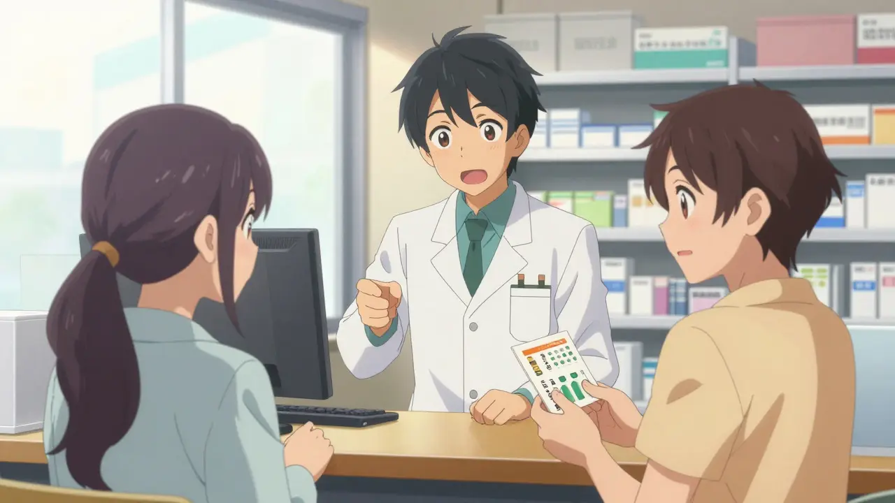 Pharmacist reassuring a patient about medication differences