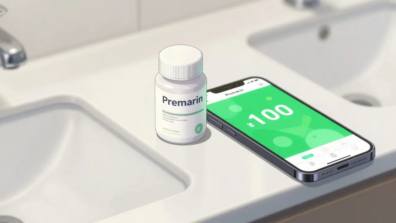 Premarin bottle and smartphone showing discount coupons on a counter