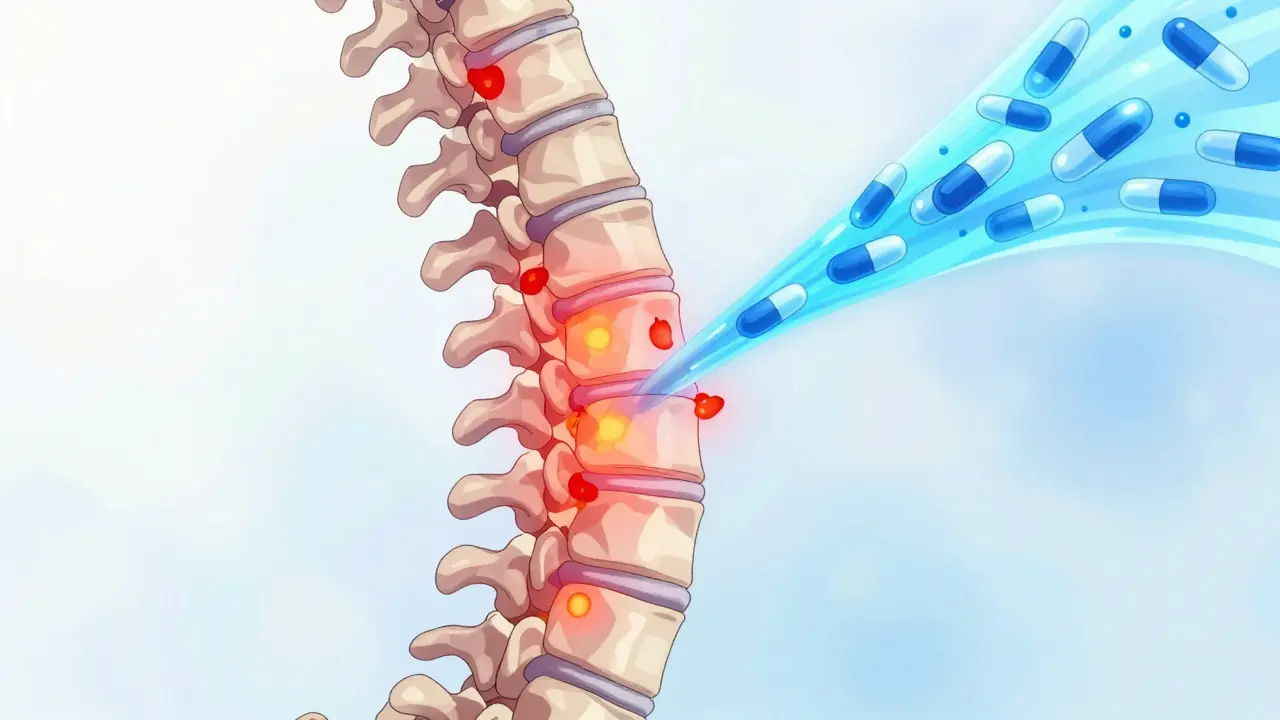 Stylized spine showing inflammation being treated by medication