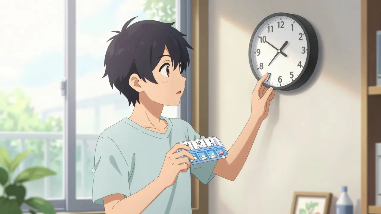Anime character checking clock while holding pills for daily dosage