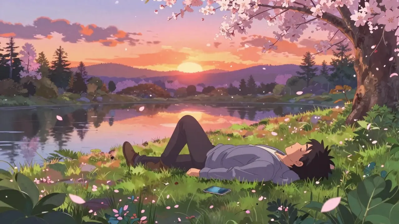 Anime character relaxing in garden during sunset, phone disconnected