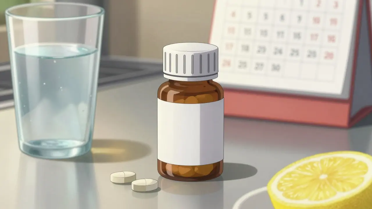 Anime close-up of medicine bottle and water glass