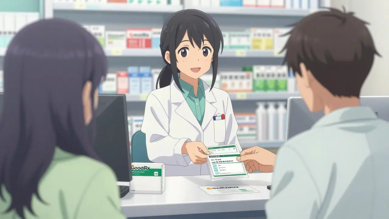 Anime pharmacist handing prescription to customer with discount coupon