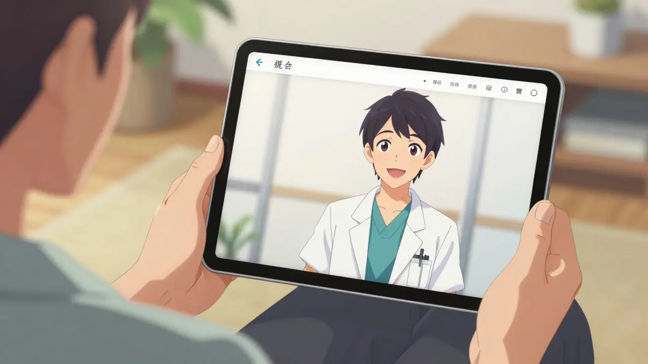 Anime style tablet showing friendly telehealth doctor