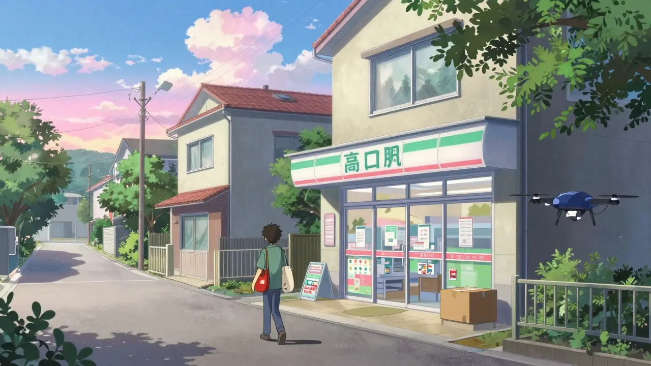 Character walking to pharmacy with medication delivery options