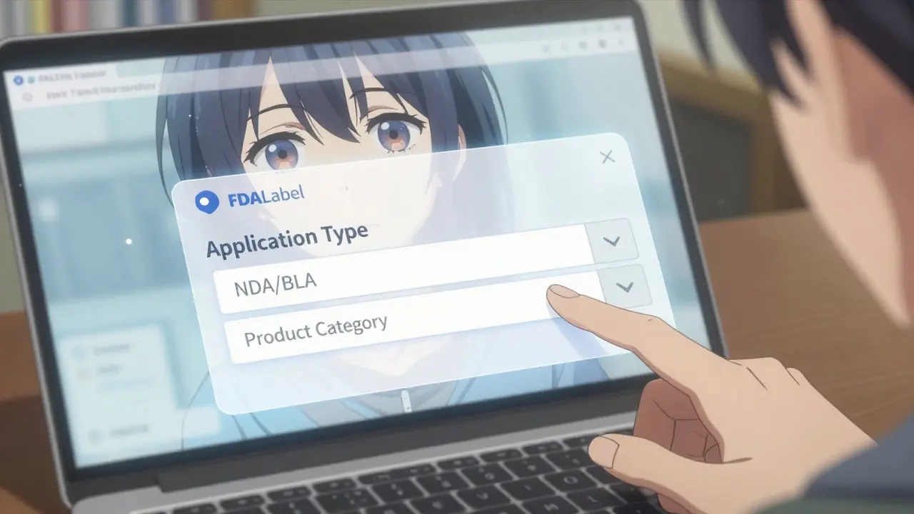 Close-up of user selecting search filters on FDALabel interface