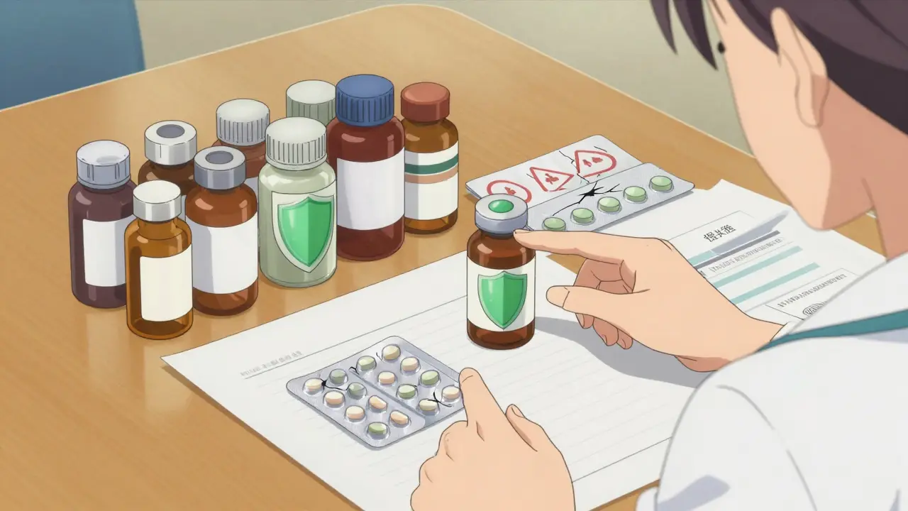 Doctor pointing to safe medications on a table