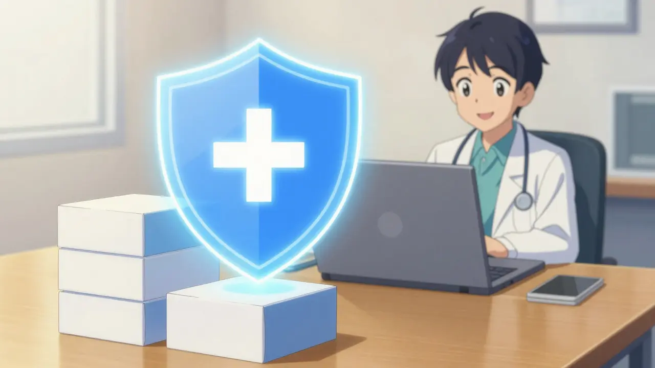 Glowing shield protecting medication packages with doctor on laptop screen symbolizing safety