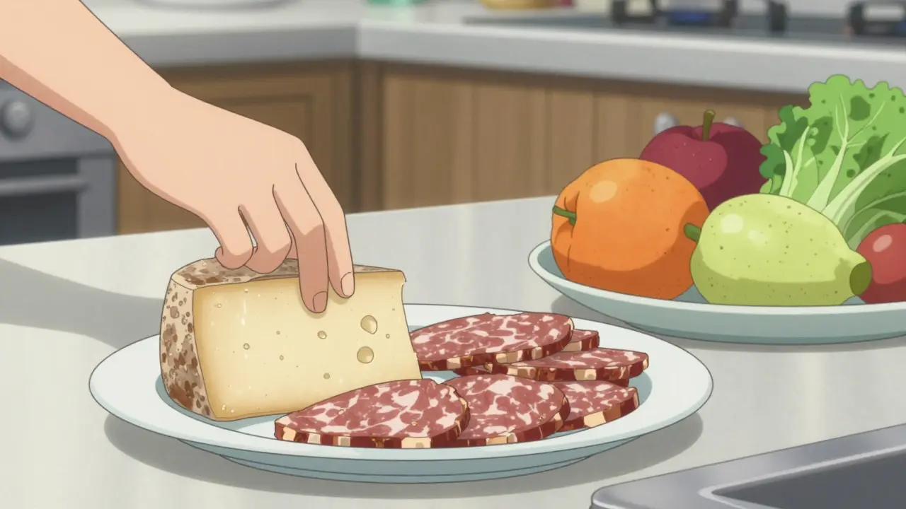 Hand avoiding aged cheese for healthy food