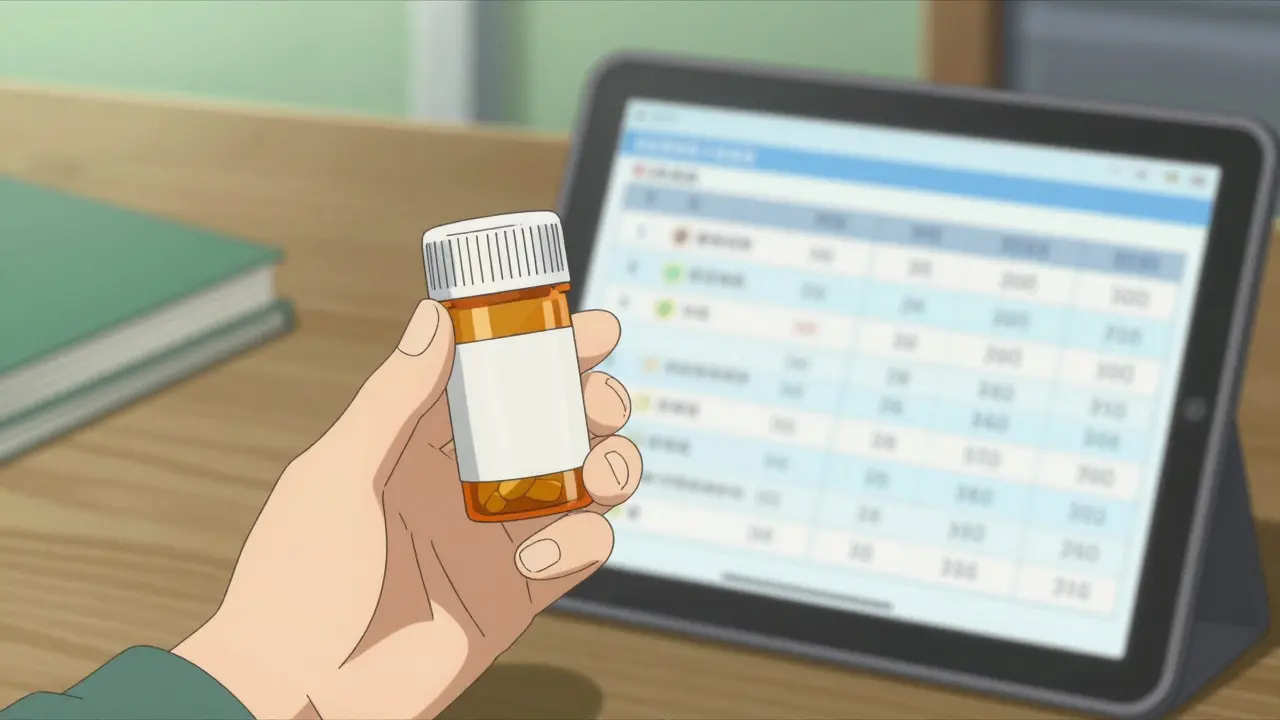Hand holding pill bottle next to tablet showing affordable medication prices in anime style