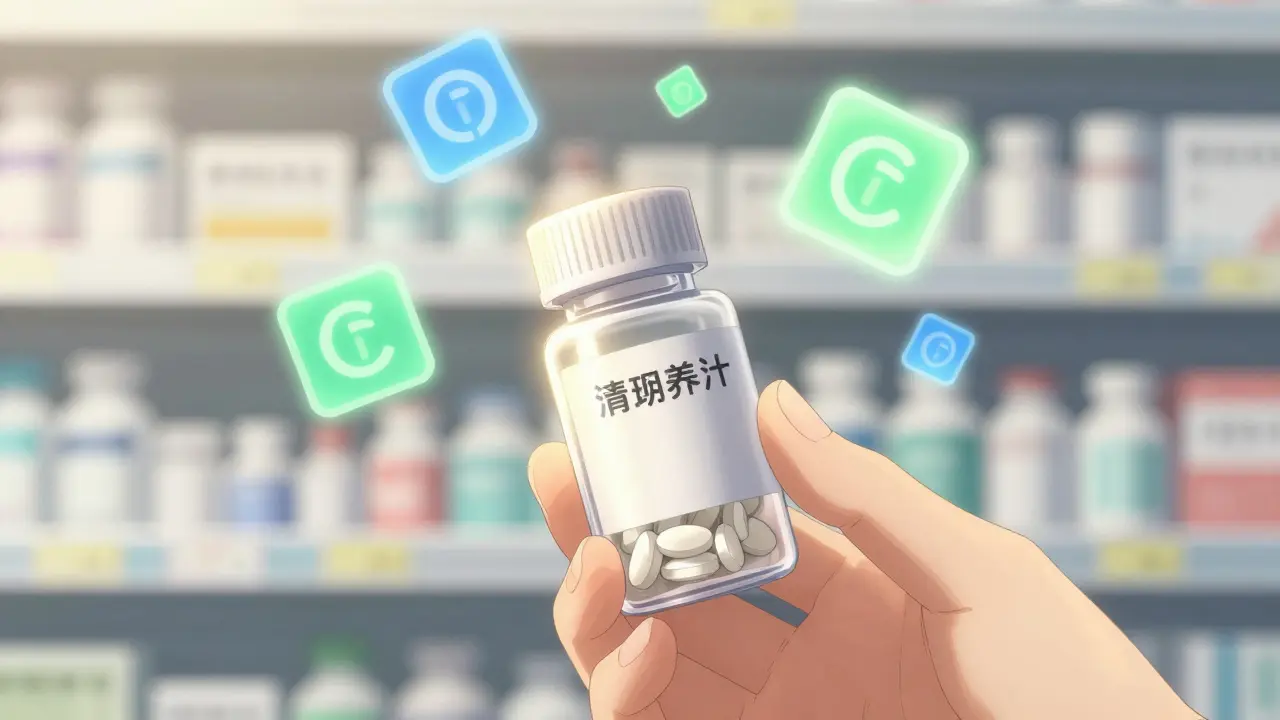 Hand holding pill bottle with glowing symbols of cost savings