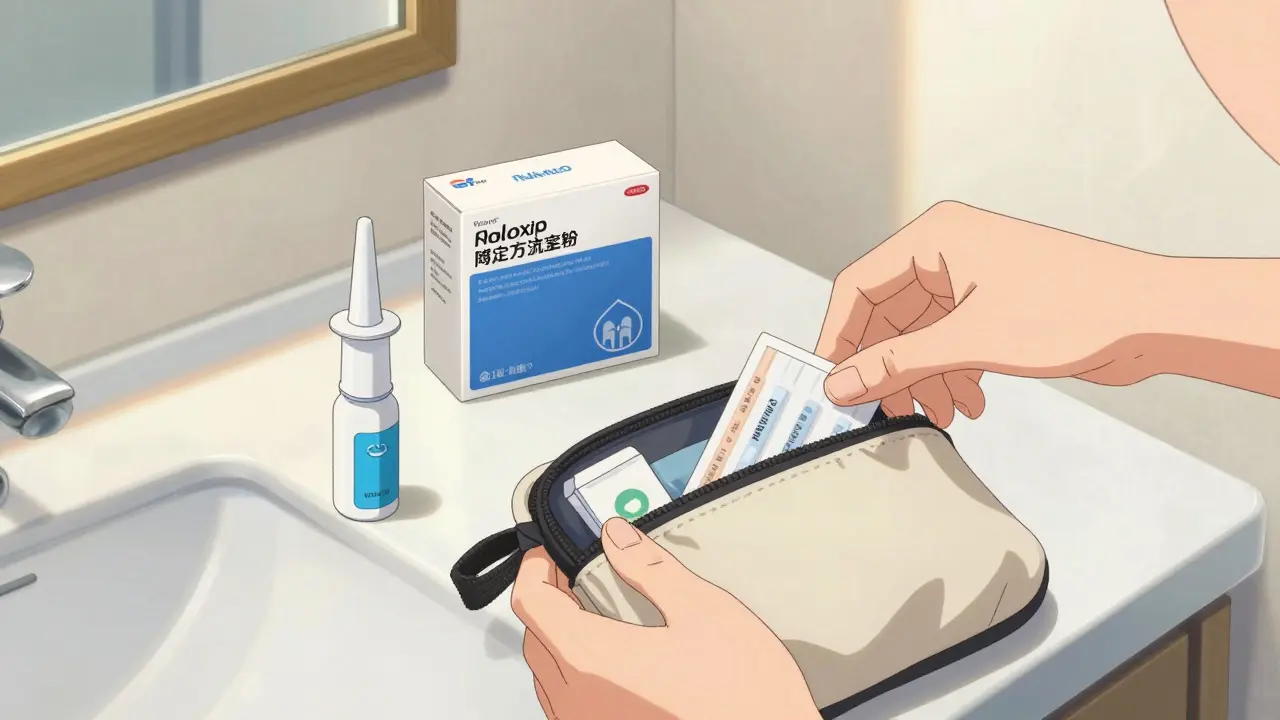 Hands packing naloxone spray and test strips into an emergency kit bag