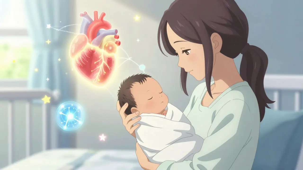 Mother holding baby with glowing healthy organs