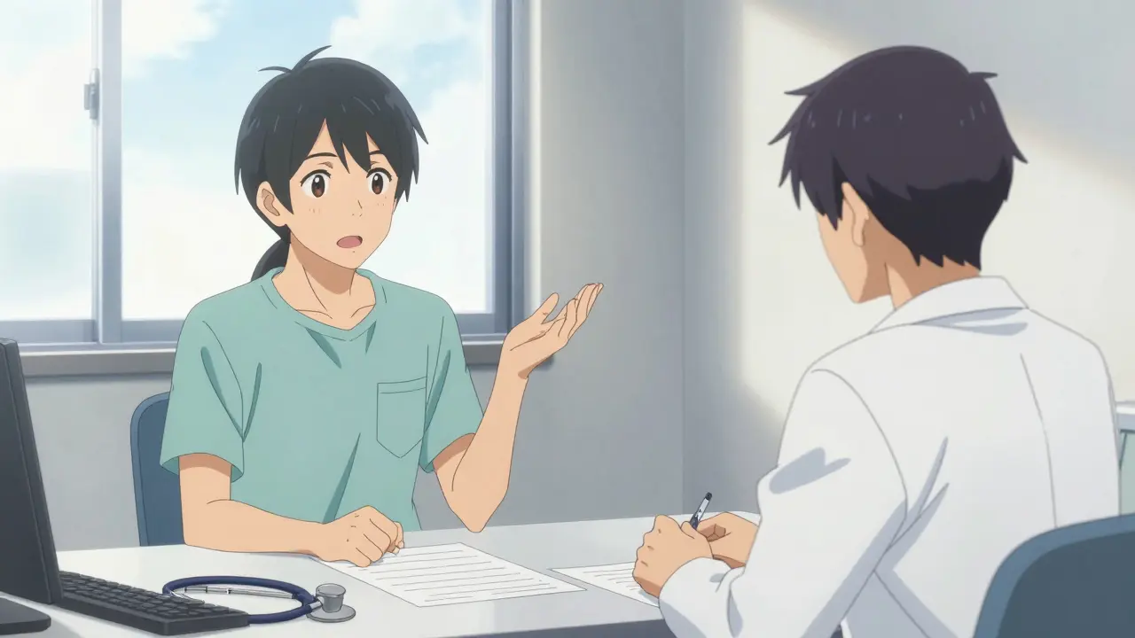 Patient discussing symptoms with a doctor in an office