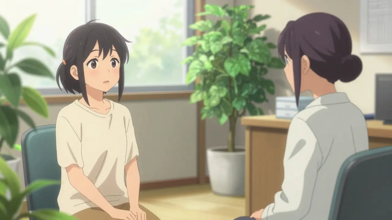 Patient finding relief during a calm therapy session in anime style