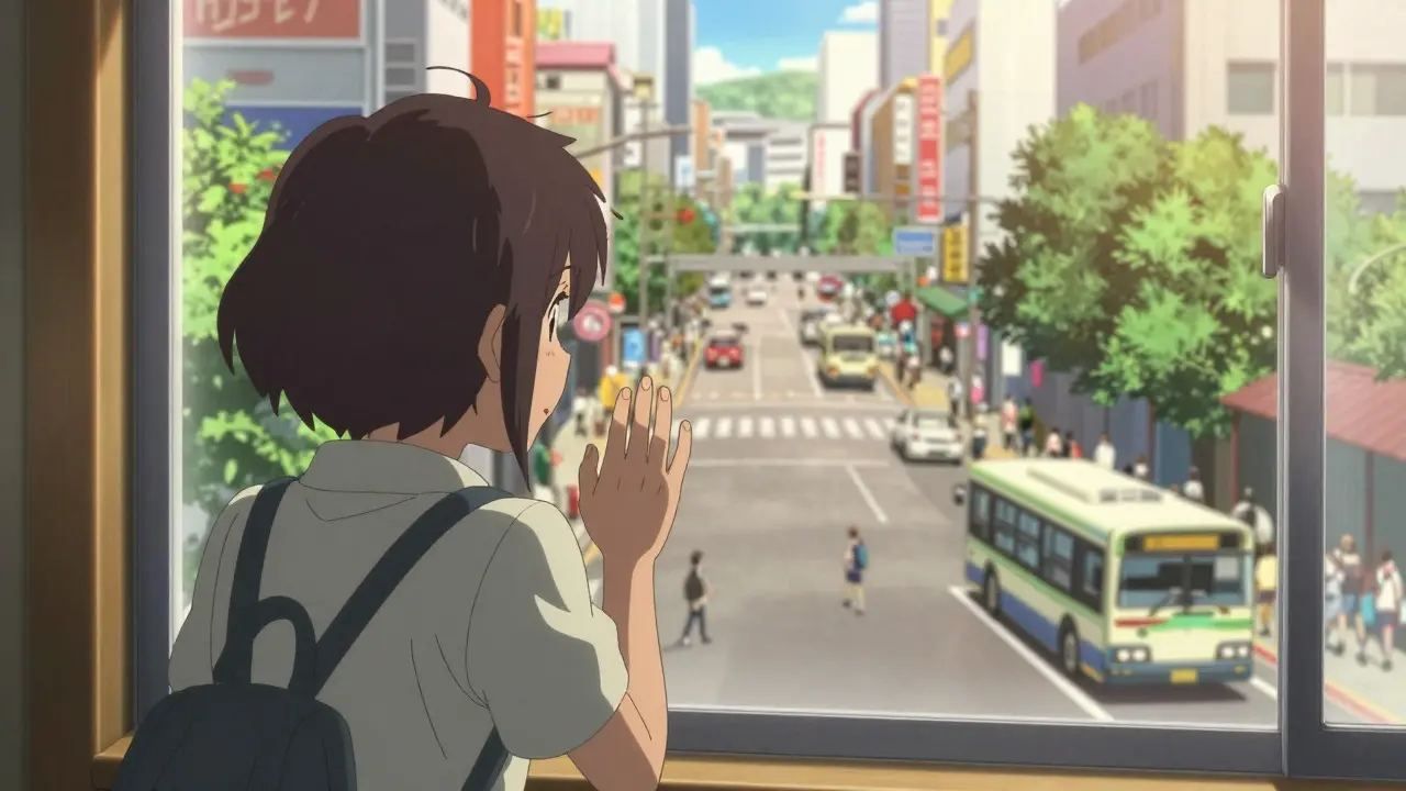 Person looking out window at busy street, illustrating agoraphobia