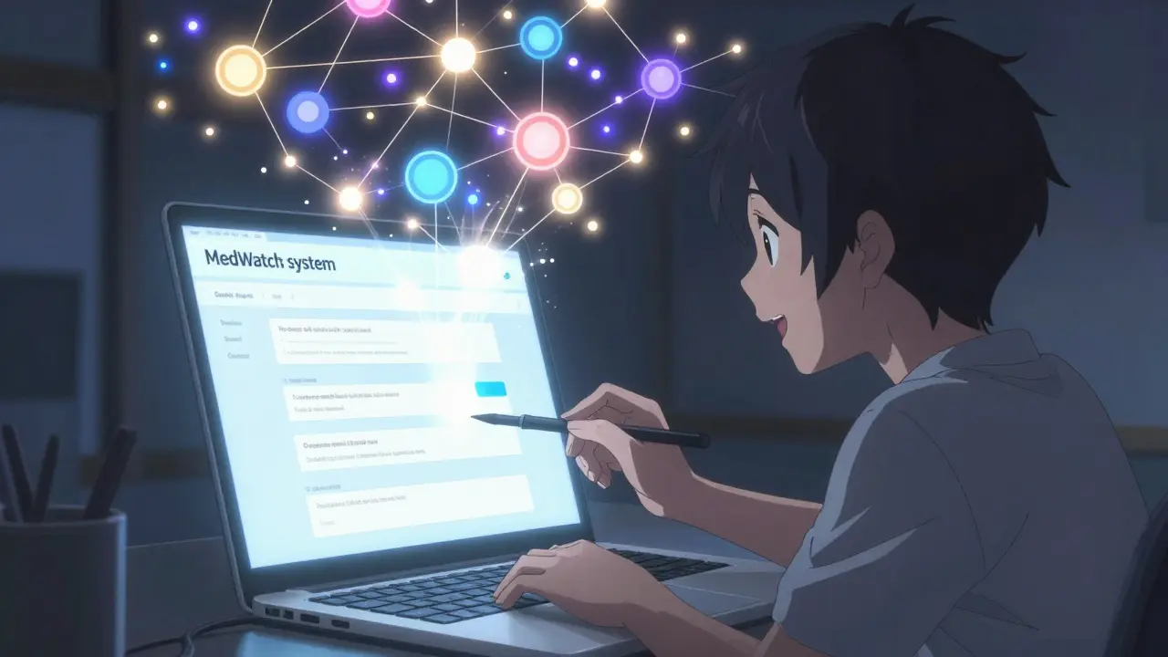 Person submitting a report with glowing data visualizations