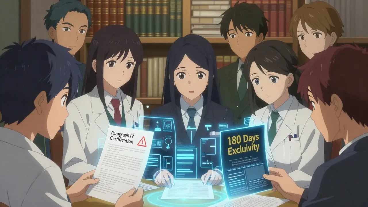 Team analyzing legal strategies for drug exclusivity with floating data in anime art