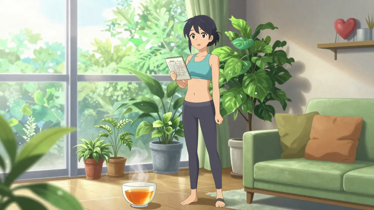 Anime character tracking health data in a bright, plant-filled room.