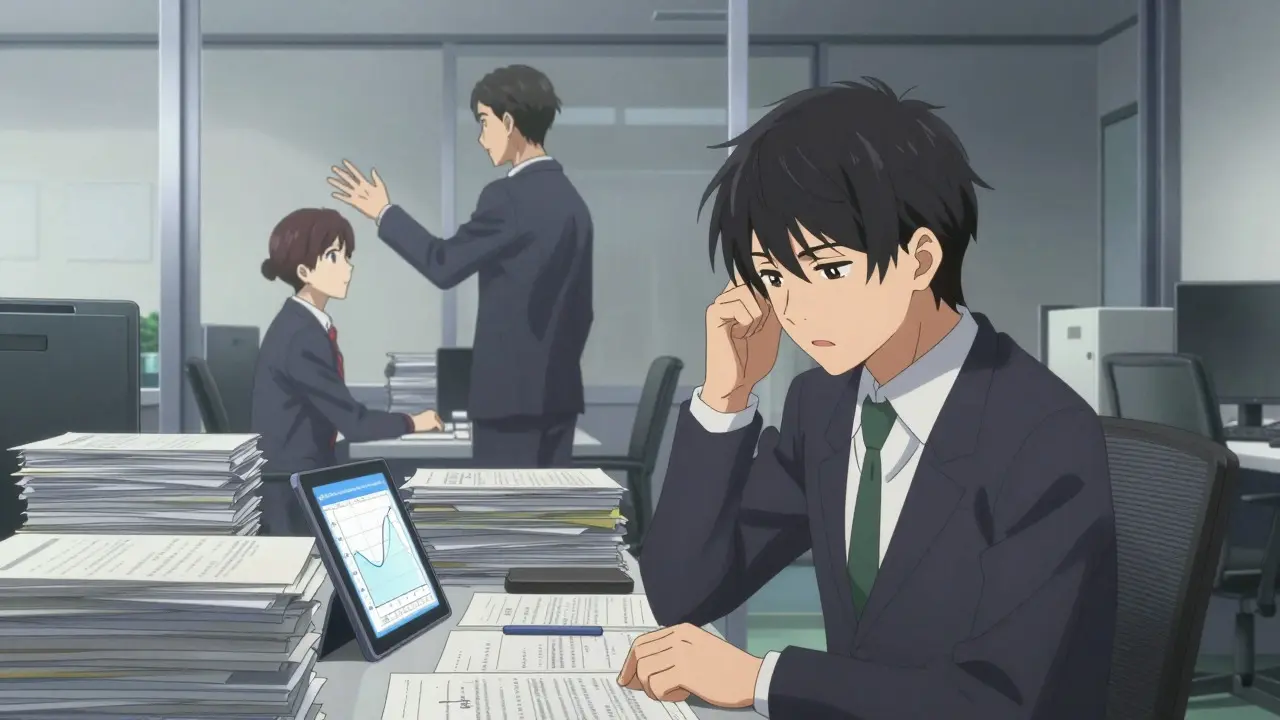 Anime characters reviewing documents and data in a busy regulatory office.
