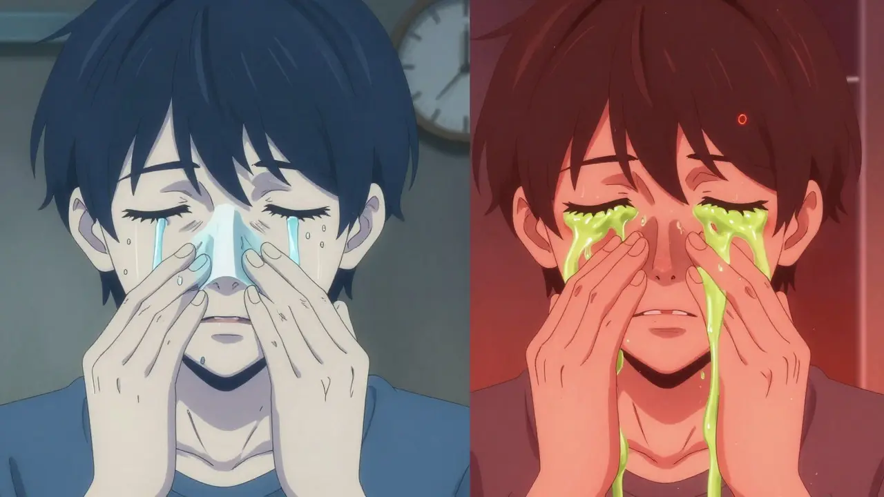Anime contrast of viral vs bacterial sinus symptoms with color cues