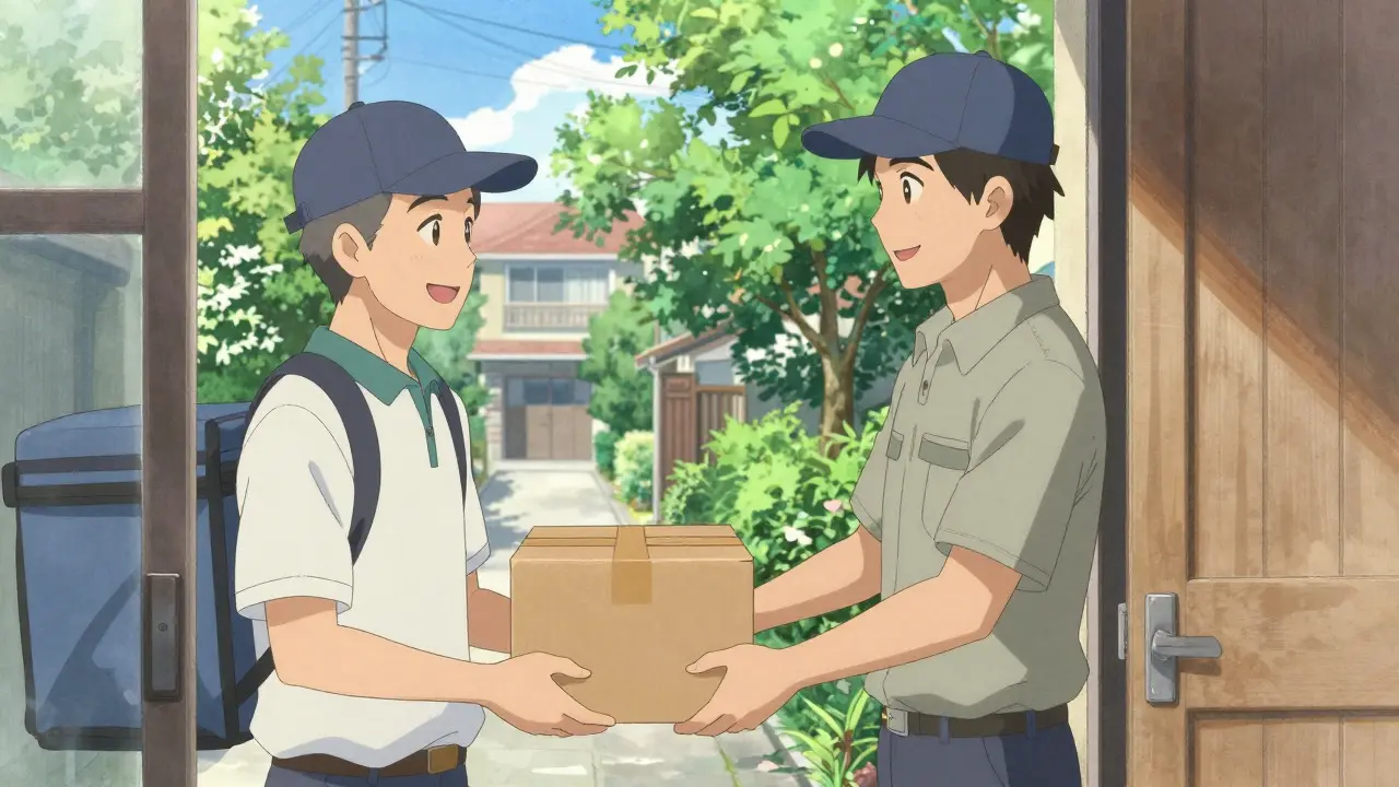 Anime delivery person handing a package to a customer
