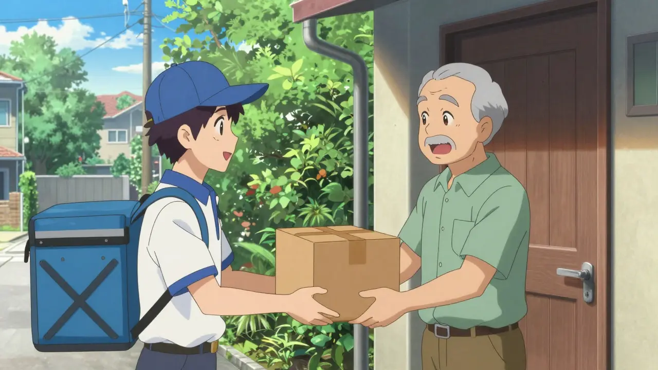 Anime delivery person handing a package to a smiling man at his door