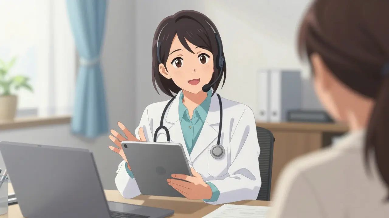 Anime doctor conducting a friendly video consultation in a bright office