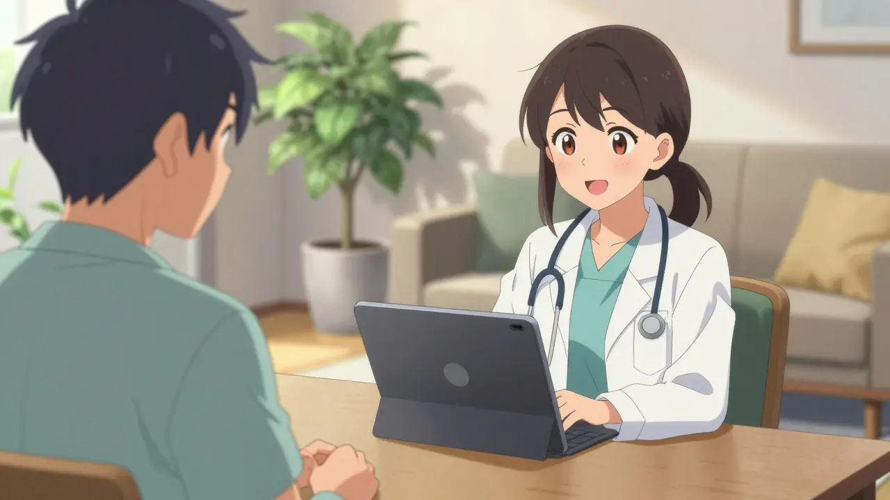 Anime doctor consulting with a patient via video call for safe prescription