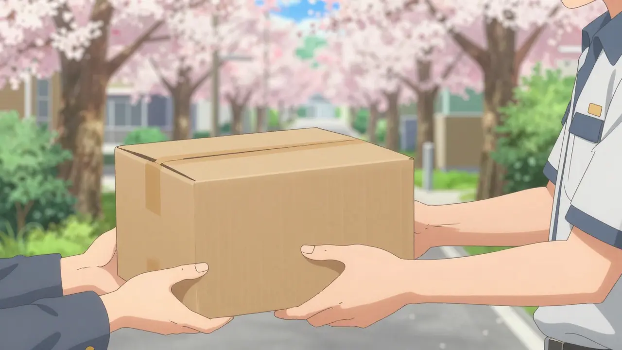 Anime hands receiving a plain package from a mail carrier on a street