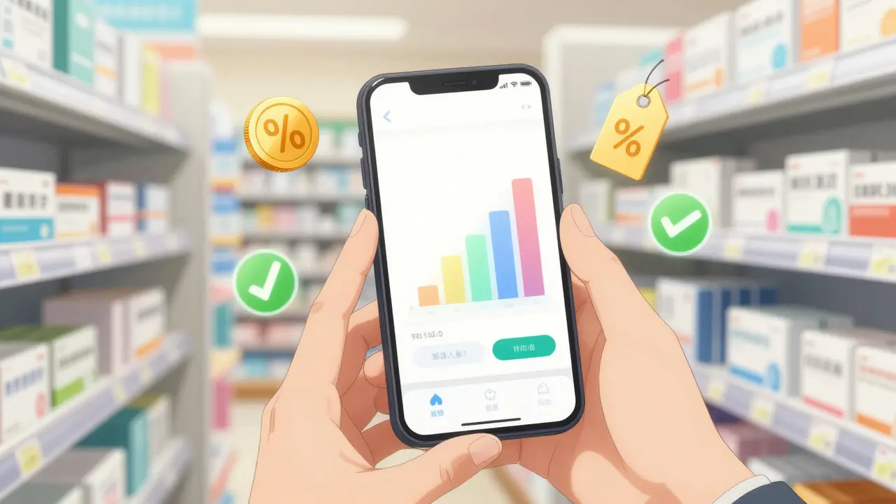 Anime hands using a phone for price comparison with pharmacy background