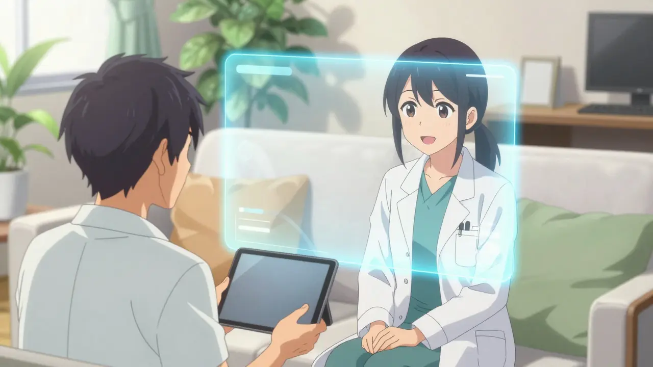 Anime man having a video call with a doctor on a tablet