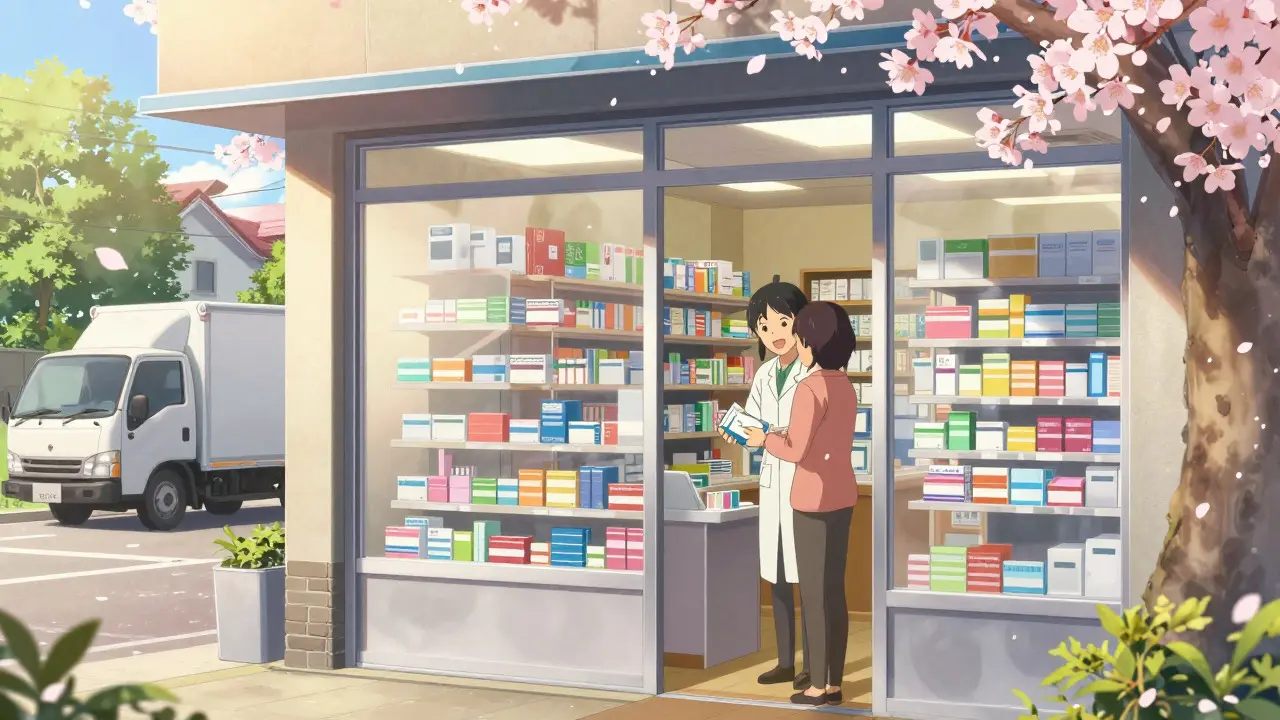 Anime pharmacist handing medication to a customer outside a sunny pharmacy.