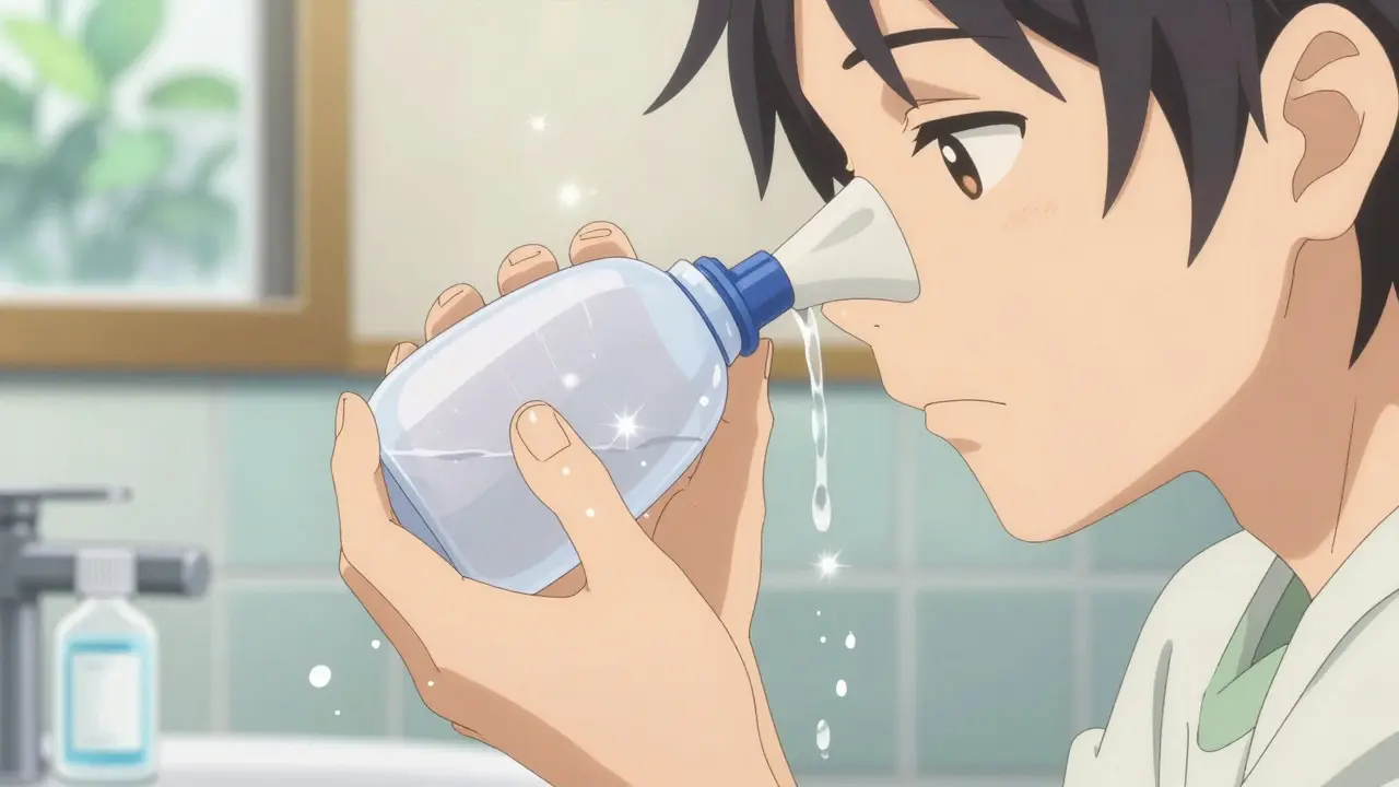 Anime style of a person using a neti pot for nasal irrigation