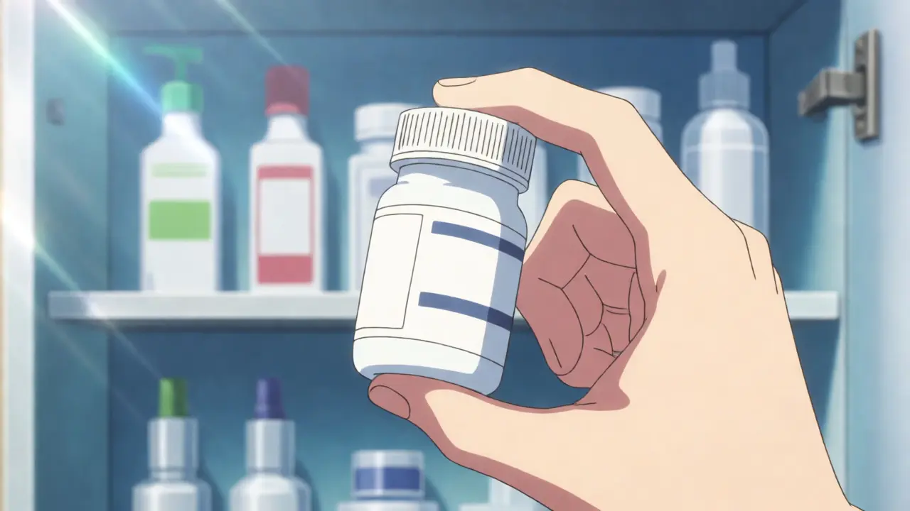 Close-up of a hand holding a verified medicine bottle near a cabinet.
