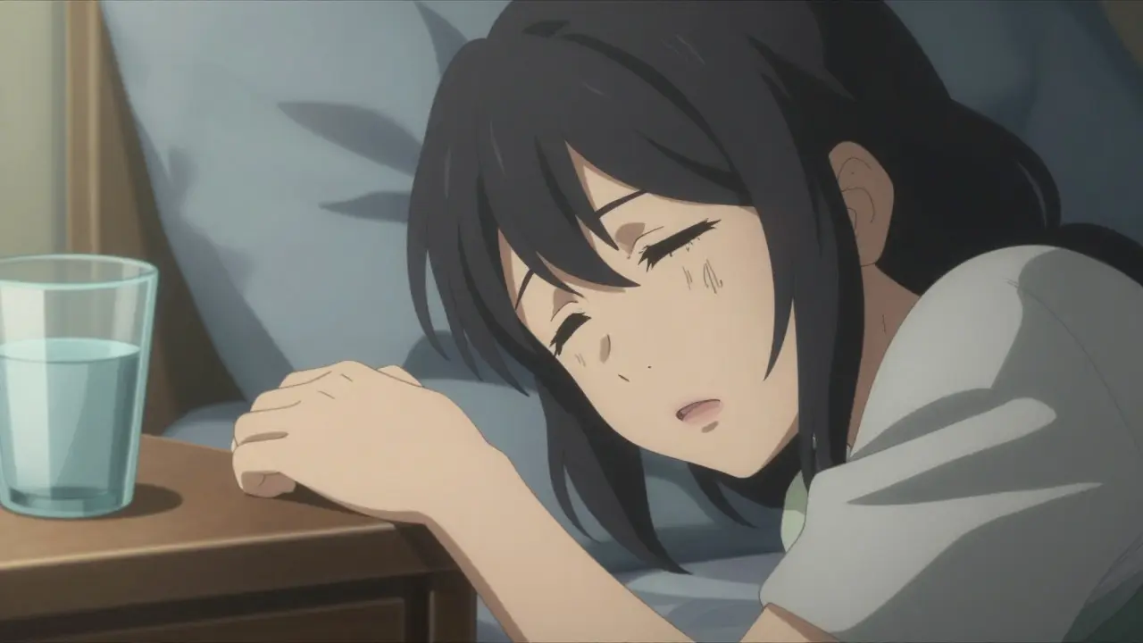 Close-up of anime character feeling dizzy while holding a bedside table.