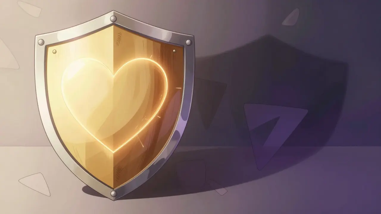 Conceptual art showing a golden shield protecting a heart from dark shadows