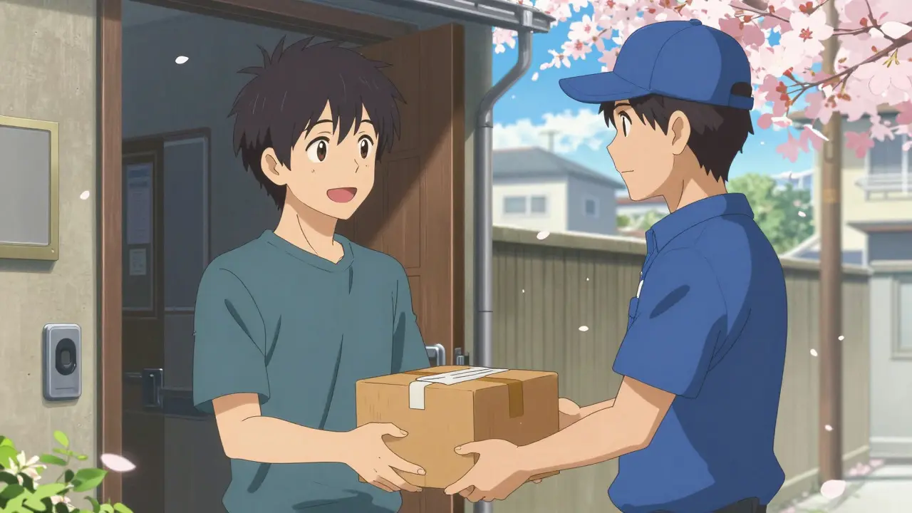 Courier delivering a medicine package to a happy man at his door in anime style