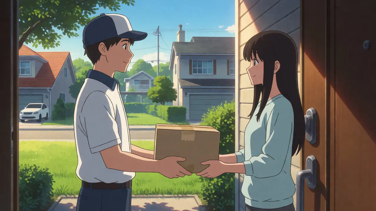 Delivery person handing a medication package to a recipient at their door.