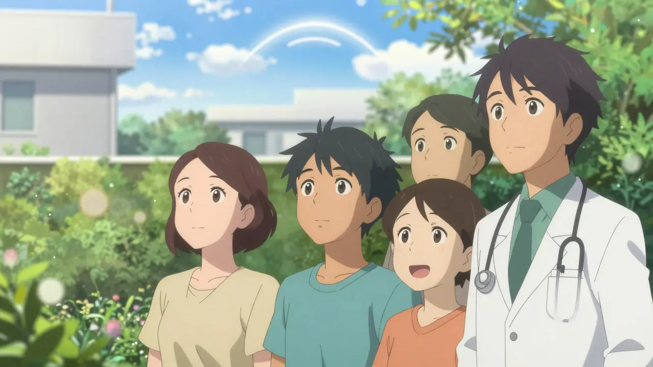 Doctor and patient standing together in hospital garden