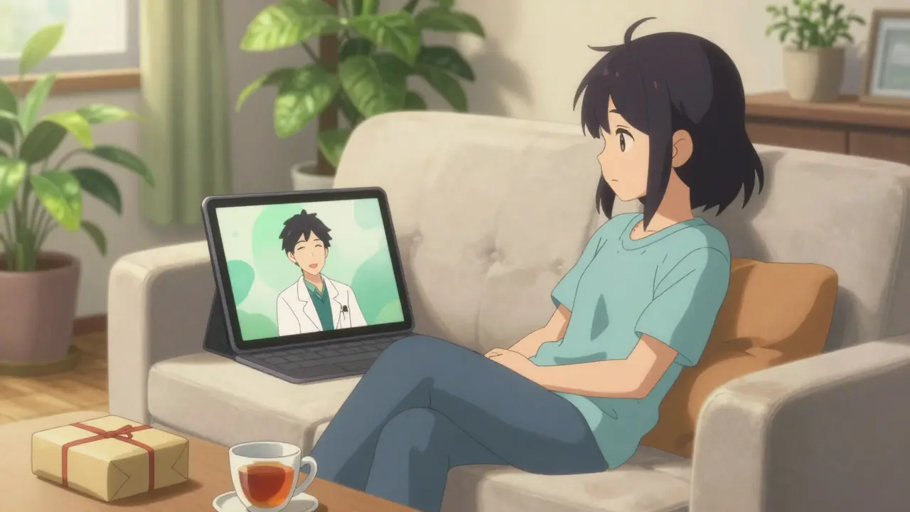 Person having online doctor consultation on sofa